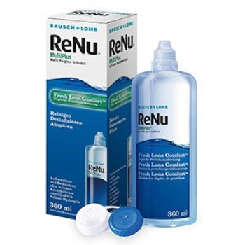 Image of ReNu MultiPlus універсальний розчин, призначений як для дезінфекції, так і для зберігання контактних лінз всіх видів, в тому числі і гідрогелевих. Розчин випускається в напівпрозорому флаконі, на якому є лінія, яка